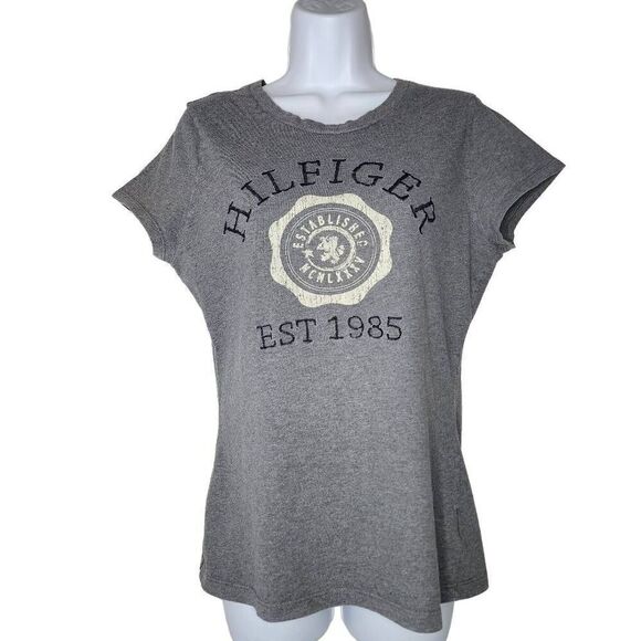 Tommy Hilfiger Women Tops, Stitched Lettering Logo Short Sleeve Grey Tee, Sz M - Picture 1 of 8